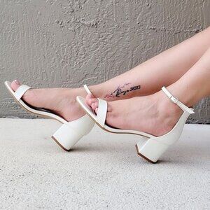 White Patent Open Toe Sandals Low Chunky Heel Adjustable Buckle Ankle Strap